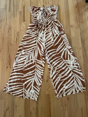 Vintage Havana Strapless Wide-Leg Palm-Print Jumpsuit in Brown & White